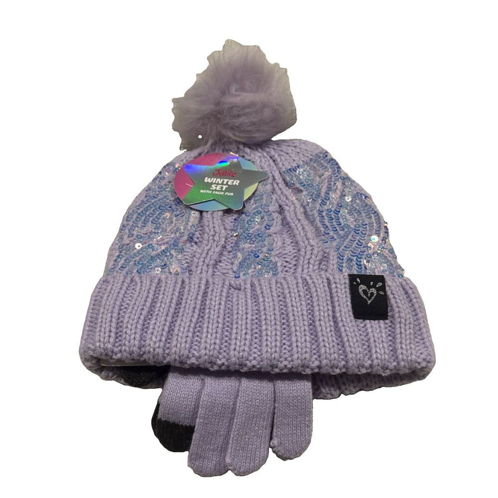 Justice Girls Purple Sequin Ribbed Beanie w/faux fur & Gloves 2-Piece Set